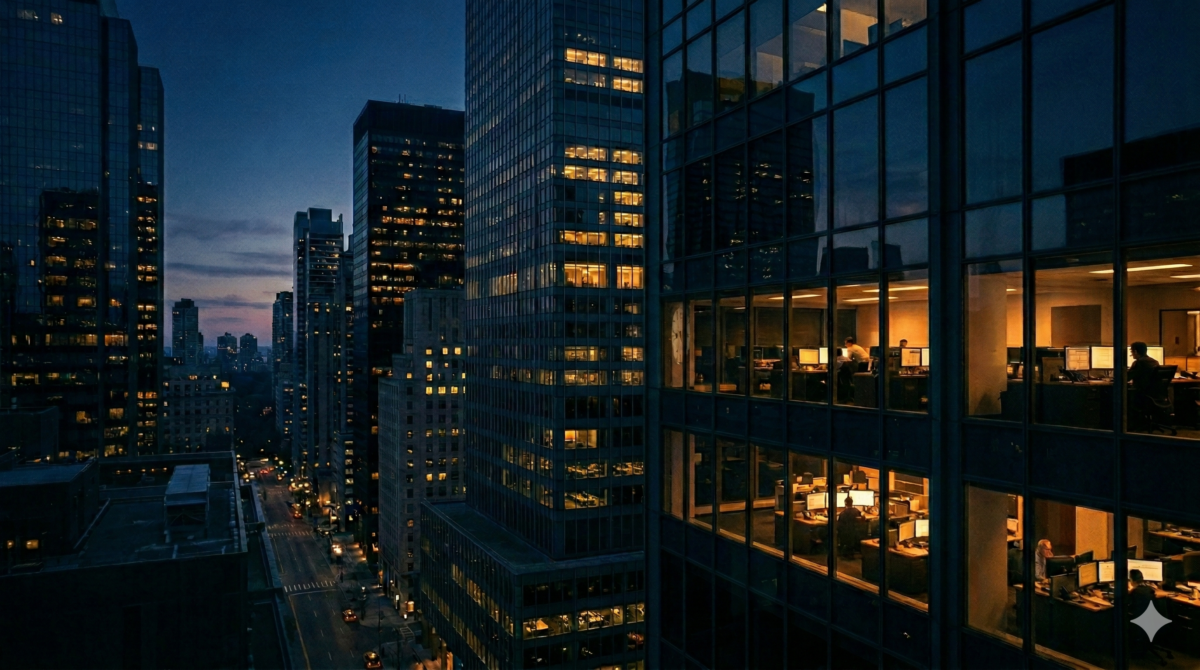A high-angle photograph looking down an urban canyon of skyscrapers at night. The view is dominated by multi-story, glass-facade office buildings on both the left and right, their grids of windows extending into the distance. Inside several floors of the building on the right, office workers can be seen working late at their desks, with warm indoor lights illuminating detailed scenes of monitors, keyboards, and people at their stations. The buildings on the left are mostly dark, with occasional illuminated windows. Below, a long, straight city avenue stretches into the distance, with the light trails of cars and streetlights visible. A sliver of the dusk sky with a warm sunset glow is visible between the buildings at the very end of the avenue. The perspective creates a sense of towering scale and nocturnal activity.