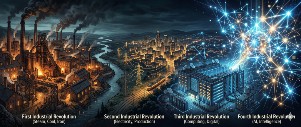 This image is a striking visual metaphor for human progress. Here is a descriptive alt text for it:

Alt Text:
A cinematic, wide-format editorial illustration depicting the four industrial revolutions as a continuous landscape from left to right.

On the far left, the First Industrial Revolution is shown as 19th-century brick factories with tall iron chimneys billowing dark smoke under a moody, amber-lit sky.

In the center, the Second Industrial Revolution emerges with glowing electrical power lines and a dense, lit-up city skyline emerging from the darkness.

To the right, the Third Industrial Revolution is represented by a modern, blue-lit data center with satellite dishes.

On the far right, the Fourth Industrial Revolution dominates the scene—a massive, luminous AI neural network made of glowing electric blue and white nodes and connections that expand infinitely into the stars.

Labels at the bottom of the frame identify each era: First (Steam, Coal, Iron), Second (Electricity, Production), Third (Computing, Digital), and Fourth (AI, Intelligence).
